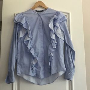 Zara Ruffle Pinstripe Top NWOT